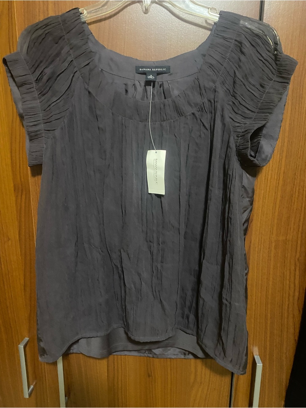 Banana Republic Charcoal Gray Pleated Short Sleeve Silk Women's Top